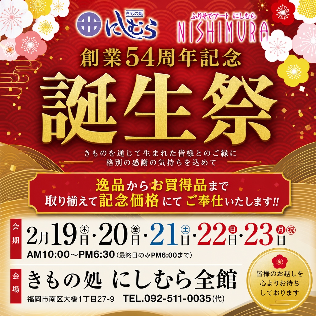 「きもののにしむら」の「創業54周年誕生祭」の宣伝用日本語ポスター。2月のイベント日程、営業時間、店舗住所、電話番号が記載されており、この記念イベント限定の特別セール価格が強調されています。.