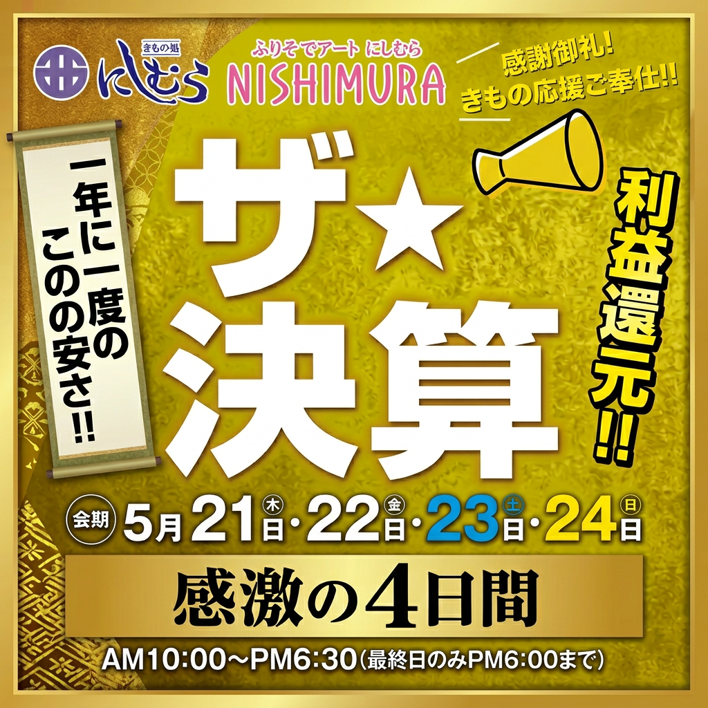 5月21日から24日までの4日間、大感謝祭の特別セールが開催されることを、太字の文字と日付、時間帯で告知する日本語の黄色い宣伝ポスター。メガホンのアイコンとバナーで、決算割引や期間限定キャンペーンを強調している。.