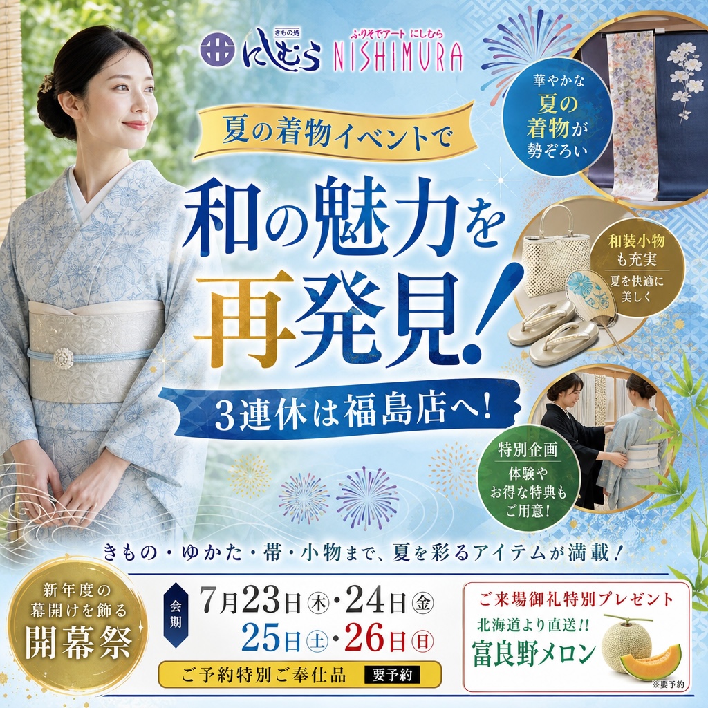 水色の着物を着た女性が、福岡で開催される「夏の着物」イベントを宣伝する力強い日本語の文字の横で、笑顔で立っている。背景には、花火やイベントの日程、日本語で強調表示されたその他の「着物イベント」の詳細など、鮮やかな夏のモチーフが描かれている。.